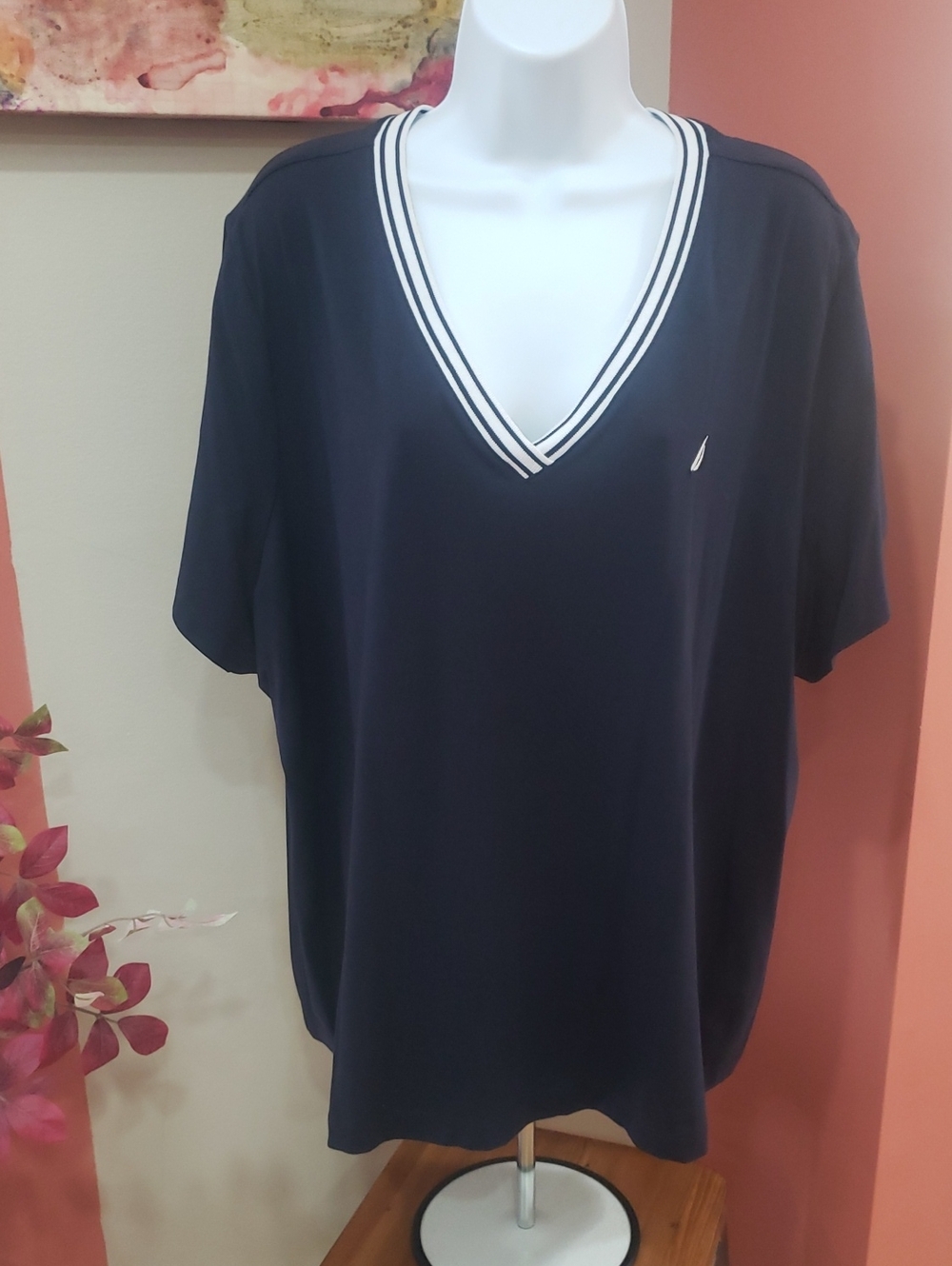Nautica Jeans Women's Dark Blue V-Neck Polo with White Trim, 2X